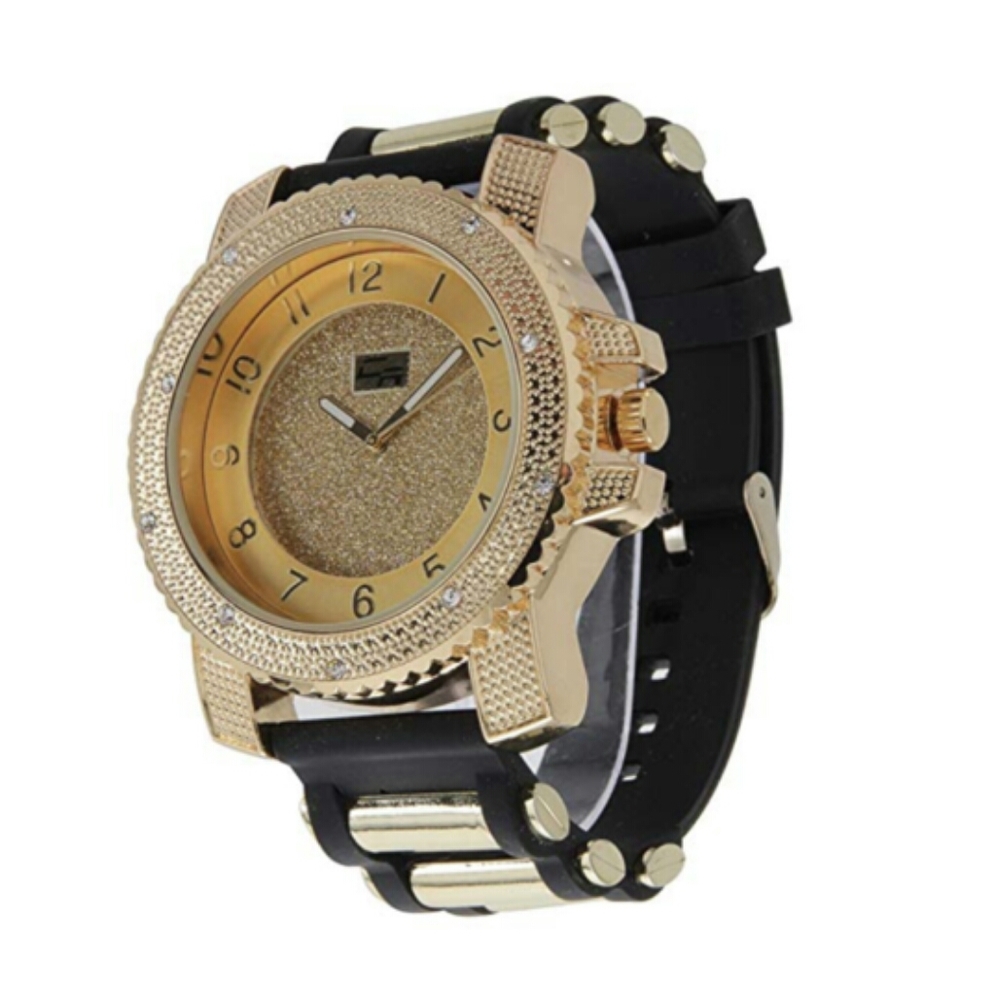 Gold Diamond Big Face Rubber Strap Black Watch Ice
